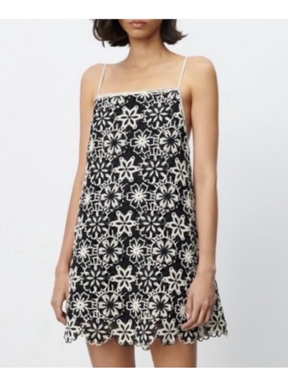 Zara Black and Cream Floral Crochet Mini Dress - Picture 1 of 5